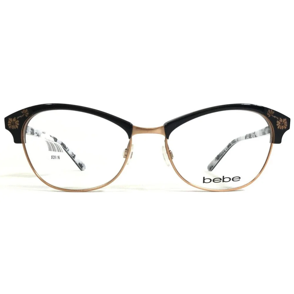 Bebe Eyeglasses Frames BB5162 001 Black White Gold Full Rim Floral 53-17-135